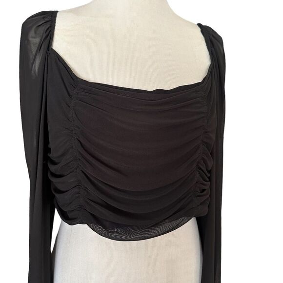 H&M Black Rushed Front Draped Bust Off Shoulder Long Sleeved Sheer Blouse Shirt - Picture 1 of 5